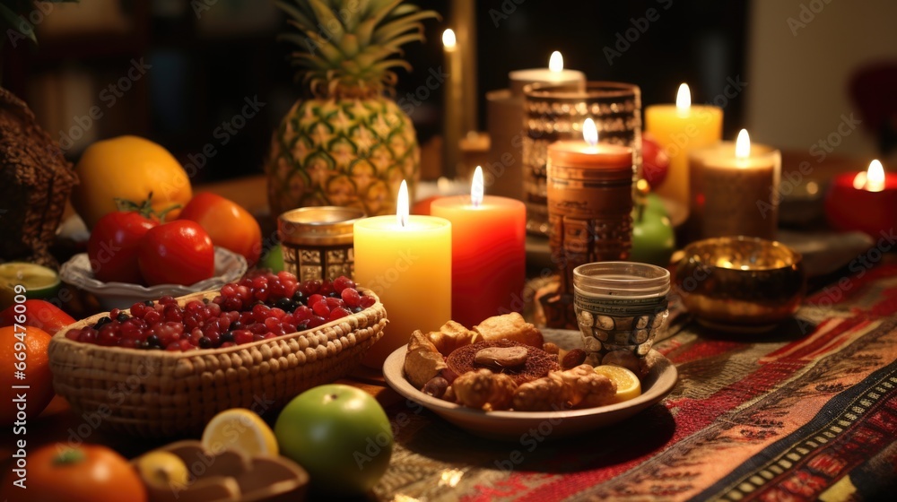 A close-up of a beautifully adorned Kwanzaa table set with traditional symbols and foods, including colorful fruits, the Kinara with lit candles, and the unity cup. generative ai