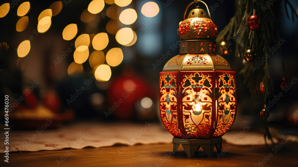 A red St. Nicholas Day lantern, intricately designed with holiday motifs and softly illuminated to symbolize the holiday's cultural traditions magic. generative ai A red St. Nicholas Day lantern, intricately designed with holiday motifs and softly illuminated to symbolize the holiday's cultural traditions magic. generative ai