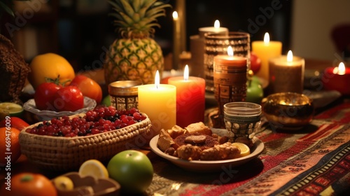 A close-up of a beautifully adorned Kwanzaa table set with traditional symbols and foods  including colorful fruits  the Kinara with lit candles  and the unity cup. generative ai