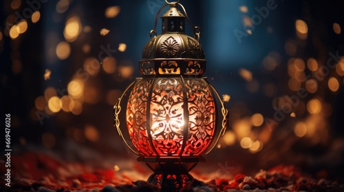 A red St. Nicholas Day lantern, intricately designed with holiday motifs and softly illuminated to symbolize the holiday's cultural traditions magic. generative ai
