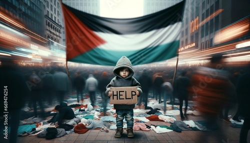 Gaza Israel conflict, Palestinian flag, little child holding sign Help, stop war concept background photo