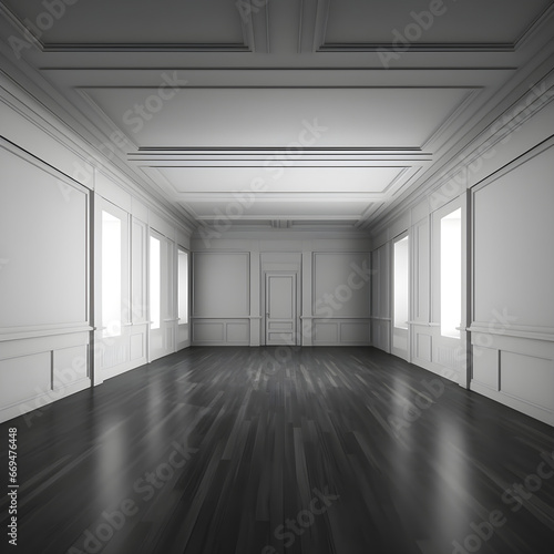 large and empty hallway in black and white