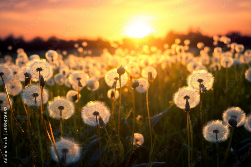 dandelion field with seeds at sunset, Generative AI
