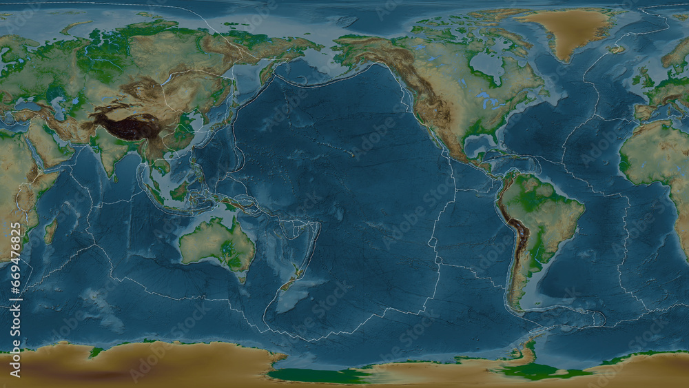 Pacific plate - global map. Patterson Cylindrical. Physical