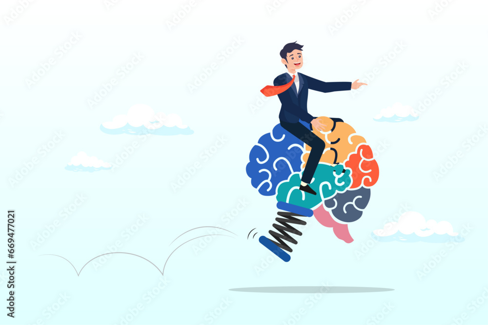 Businessman riding human brain with springboard, brain intelligence, resilience or creativity to control thinking process for new idea, smart or wisdom to brainstorm, imagination to success (Vector) Businessman riding human brain with springboard, brain intelligence, resilience or creativity to control thinking process for new idea, smart or wisdom to brainstorm, imagination to success (Vector)