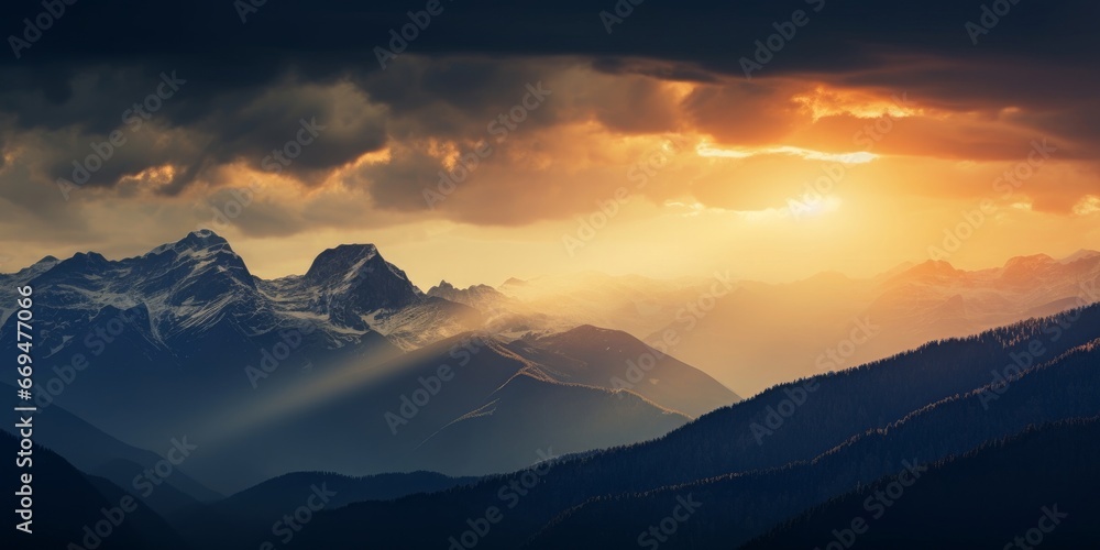banner of mountain peaks in beautiful stormy sunset light, Generative AI