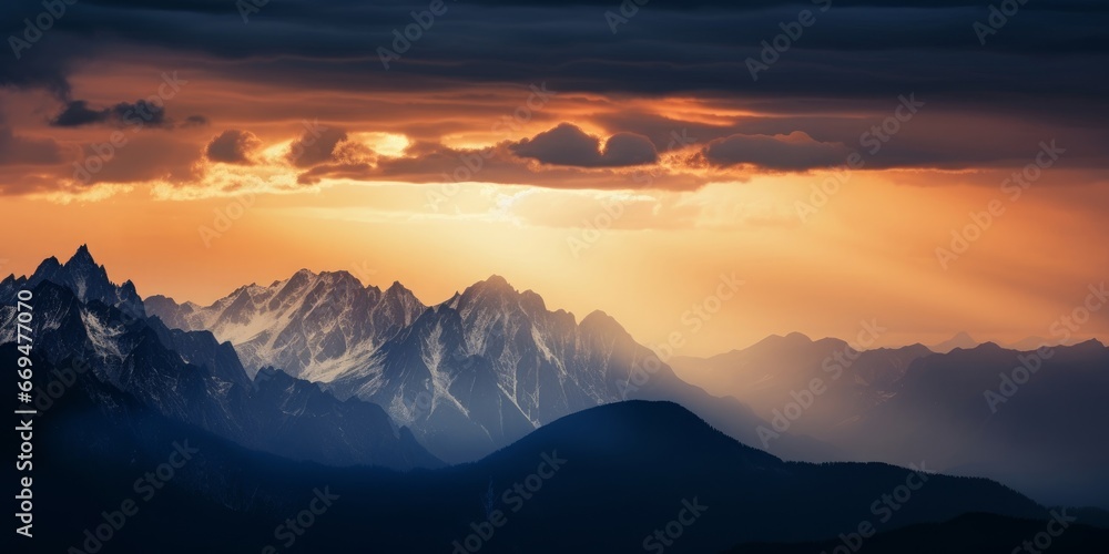 banner of mountain peaks in beautiful stormy sunset light, Generative AI