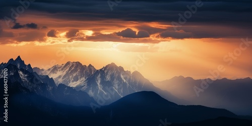 banner of mountain peaks in beautiful stormy sunset light, Generative AI