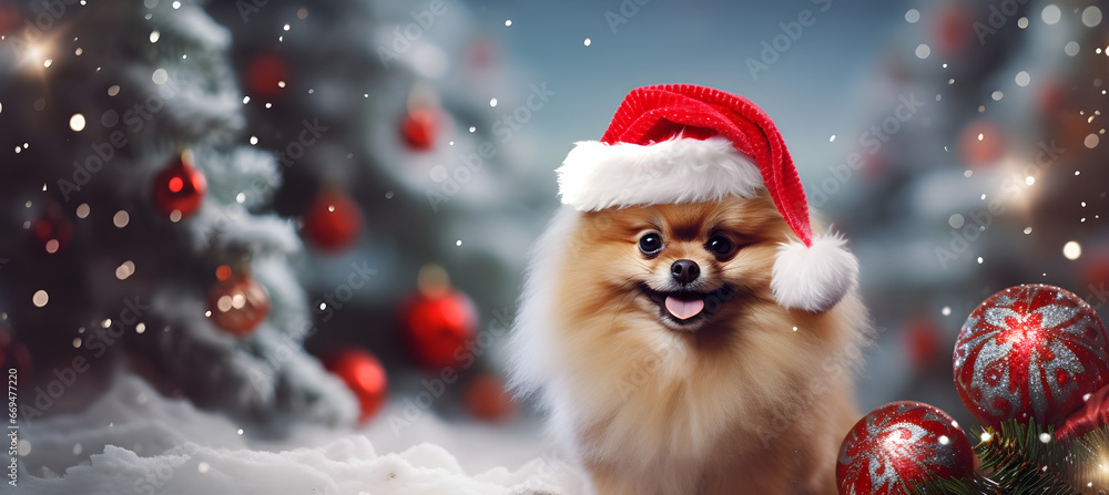 Pomeranian in Santa's hat on Christmas tree background Pomeranian in Santa's hat on Christmas tree background