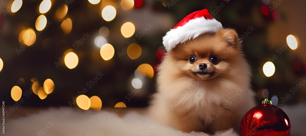 Pomeranian in Santa's hat on Christmas tree background Pomeranian in Santa's hat on Christmas tree background