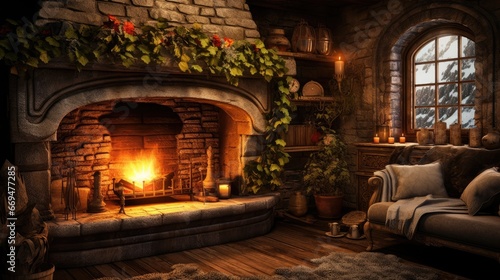 An interior of the cottage with burning fireplace and cozy rquipment