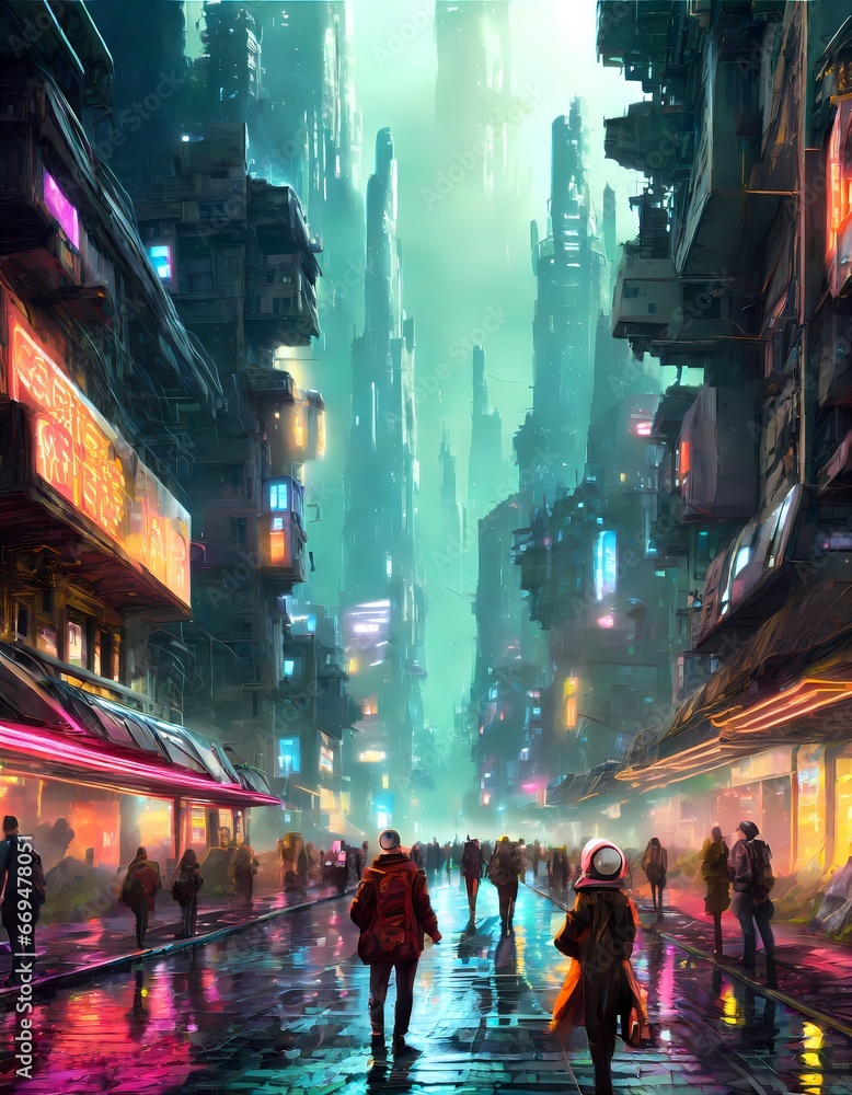View of a street of a futuristic city with tall buildings, with illuminated signs and with people on the wet street. Polluted and dystopian atmosphere.