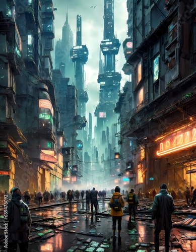 View of a street of a futuristic city with tall buildings, with illuminated signs and with people on the street. Polluted and dystopian atmosphere.