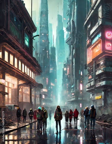 View of a street of a futuristic city with tall buildings, with illuminated signs and with people on the street. Polluted and dystopian atmosphere. © Alessandro