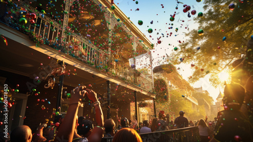 Mardi Gras beads and throws, caught by eager parade-goers, color and excitement. The beads hang from tree branches, railings, and hands, creating a festive and celebratory. generative ai