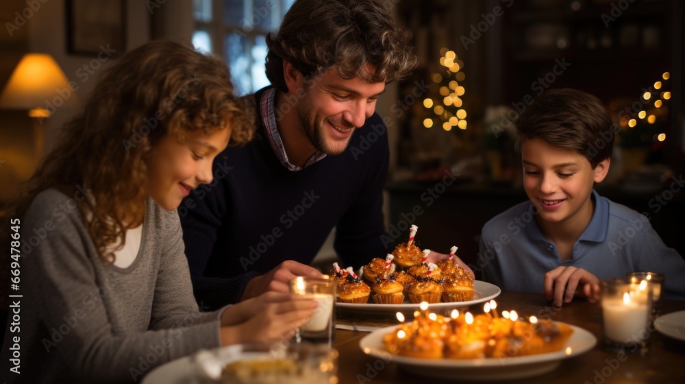 Family around the Hanukkah table, adorned with traditional holiday foods such as latkes and sufganiyot. The menorah, with its radiant candles, symbolizes the eight nights of Hanukkah. generative ai Family around the Hanukkah table, adorned with traditional holiday foods such as latkes and sufganiyot. The menorah, with its radiant candles, symbolizes the eight nights of Hanukkah. generative ai