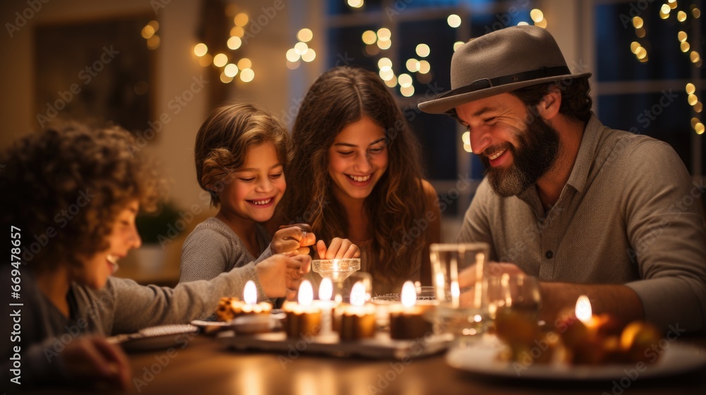 Family around the Hanukkah table, adorned with traditional holiday foods such as latkes and sufganiyot. The menorah, with its radiant candles, symbolizes the eight nights of Hanukkah. generative ai