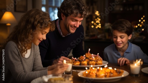 Family around the Hanukkah table  adorned with traditional holiday foods such as latkes and sufganiyot. The menorah  with its radiant candles  symbolizes the eight nights of Hanukkah. generative ai