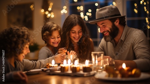 Family around the Hanukkah table  adorned with traditional holiday foods such as latkes and sufganiyot. The menorah  with its radiant candles  symbolizes the eight nights of Hanukkah. generative ai