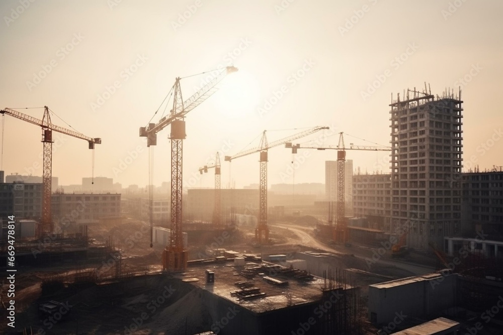 A technological construction site with cranes and buildings under construction. Generative AI