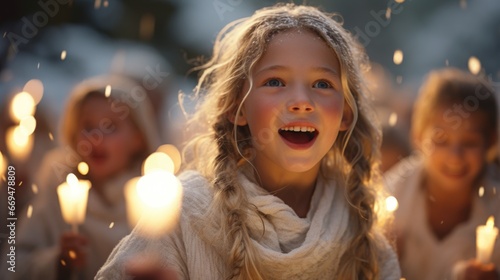 A group of blonde children joyfully sings traditional St. Lucia Day songs while carrying candles and walking through a snow-covered forest. Wonder, smile and reverence for the holiday. generative ai