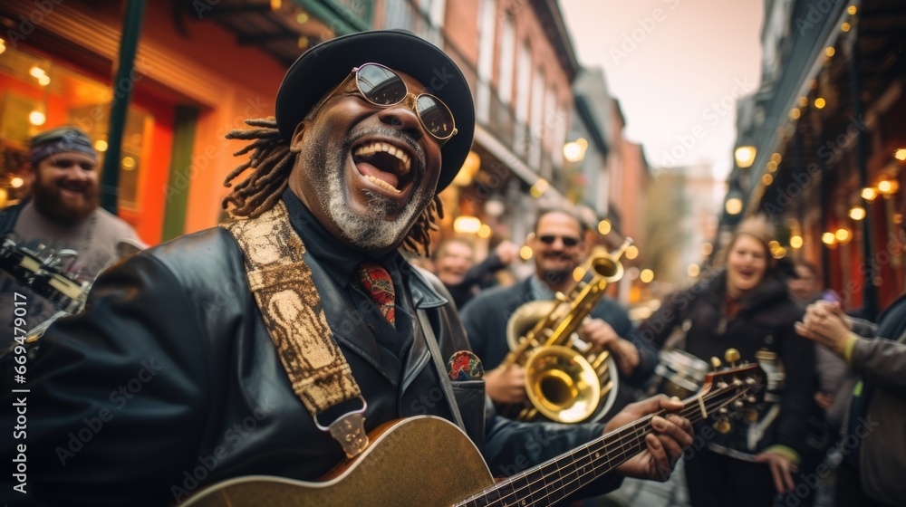 A group of enthusiastic musicians plays lively jazz music on the streets during Mardi Gras. Their instruments, including saxophones, trumpets, and trombones, festive. generative ai - obrazy, fototapety, plakaty 