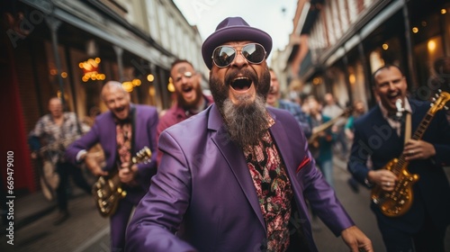 A group of enthusiastic musicians plays lively jazz music on the streets during Mardi Gras. Their instruments, including saxophones, trumpets, and trombones, festive. generative ai