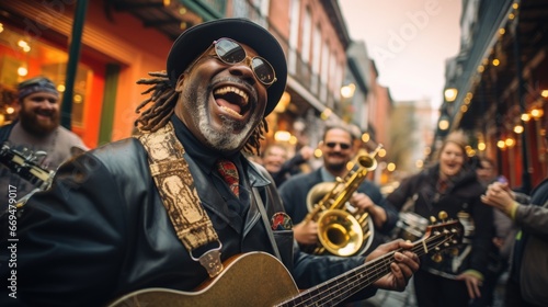 Foto A group of enthusiastic musicians plays lively jazz music on the streets during Mardi Gras