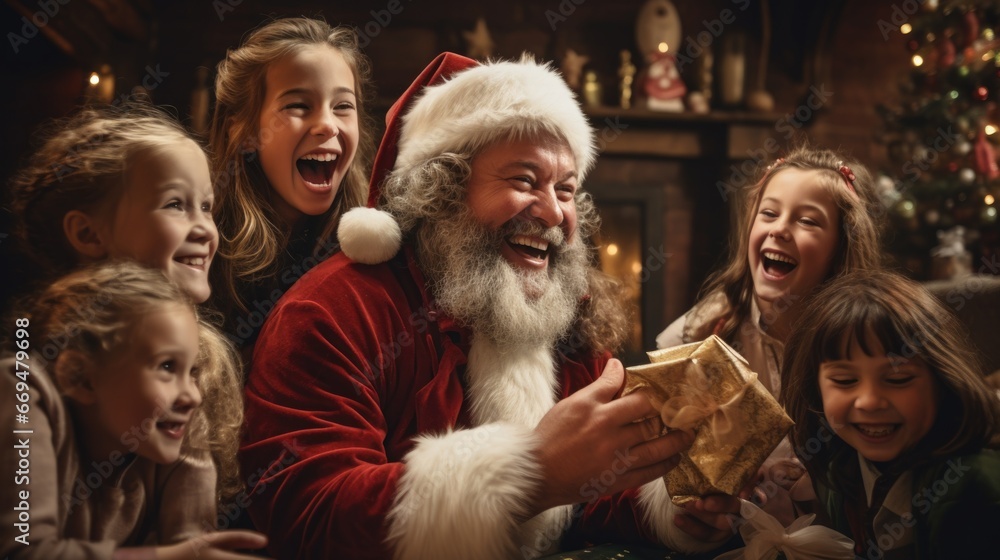 Children,  wonder and excitement, eagerly reach into their St. Nicholas socks, Santa Claus happy new year. The expressions of joy and surprise. generative ai