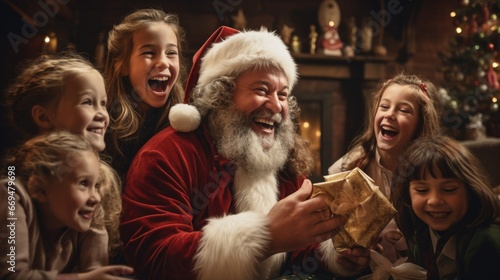 Children, wonder and excitement, eagerly reach into their St. Nicholas socks, Santa Claus happy new year. The expressions of joy and surprise. generative ai