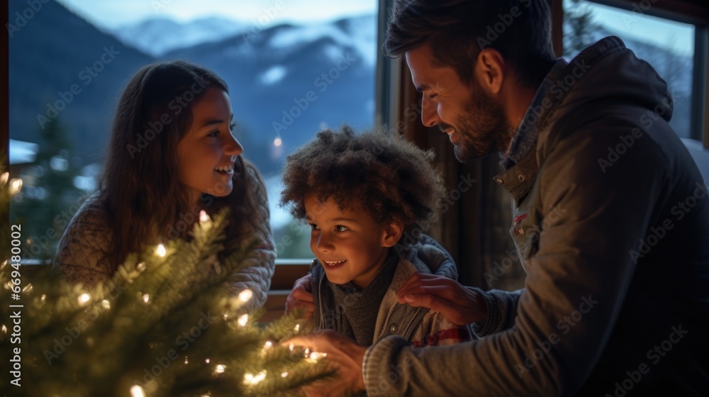 A joyful family of four, surrounded by the warmth of their cozy house, decorates a towering Christmas tree with ornaments and twinkling lights. Happy new year. generative ai A joyful family of four, surrounded by the warmth of their cozy house, decorates a towering Christmas tree with ornaments and twinkling lights. Happy new year. generative ai
