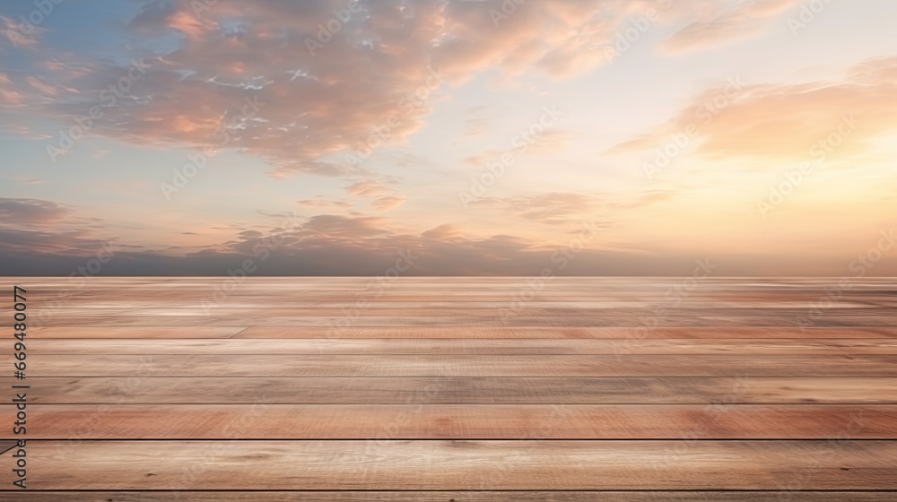 wooden empty floor display sunset sky panorama - by generative ai