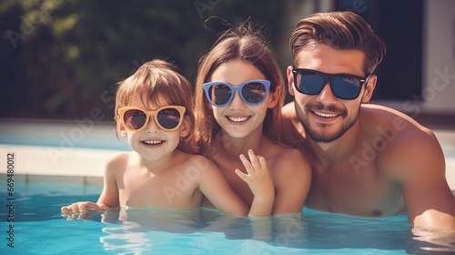 Happy family having fun in swimming pool
