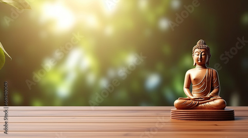 wooden empty floor display zen wellness meditation serenity buddha statue  - by generative ai