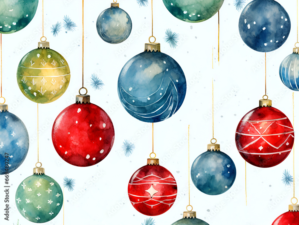Watercolor seamless pattern with colorful Christmas ornament balls on white background