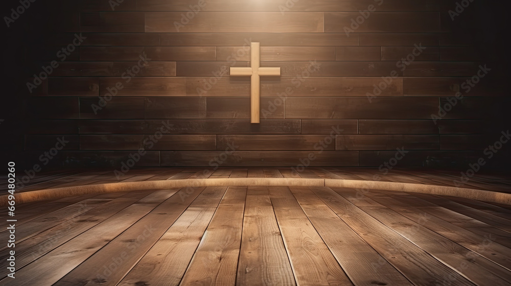 wooden empty floor display cross jesus christ god faith church - by generative ai