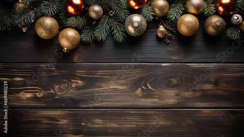 Christmas decoration wooden background, top view.