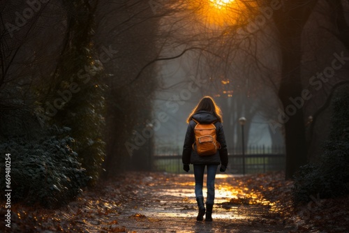 Young woman gracefully strolling through the enchanting rainy streets of the city at night