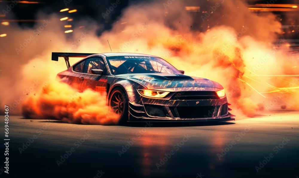 Car drifting, burning tires on speed track, Generative AI