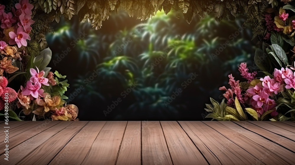wooden empty floor display jungle rain forest nature - by generative ai wooden empty floor display jungle rain forest nature - by generative ai