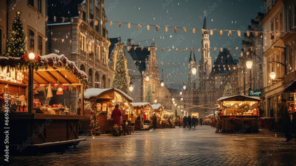 View historic European town square adorned with St. Nicholas Day decorations. The square features a charming Christmas market, traditional stalls, and colorful lights. generative ai