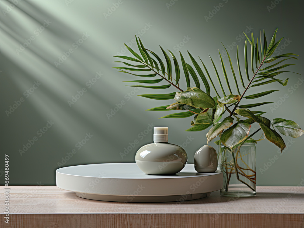 A minimal abstract cosmetic background for product presentation featuring a green palm leaf and cosmetic bottle podium on a grey color background. 