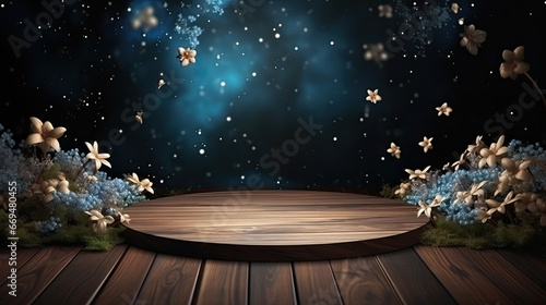 wooden empty floor display cosmic spiritual blooming night  - by generative ai