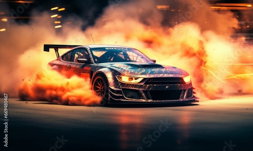 Car drifting, burning tires on speed track, Generative AI © Focus Fables