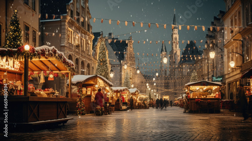 View historic European town square adorned with St. Nicholas Day decorations. The square features a charming Christmas market, traditional stalls, and colorful lights. generative ai