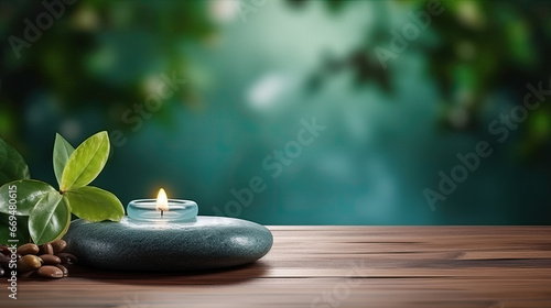 wooden empty floor display zen wellness spa serenity candle  - by generative ai