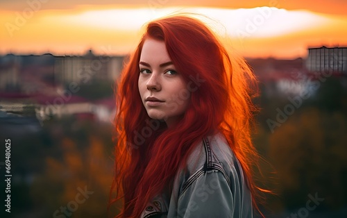 Photo of a red haired girl during sunset with a city background