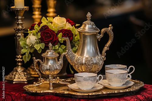 Cozy Vintage Tea Party: Stylish Kettle and Delicate Cups in a Charming Interior Room