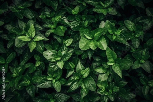 Background with lush green plant leaves from a top view. Generative AI