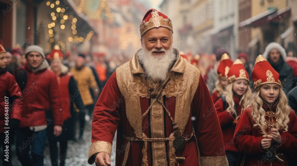 A St. Nicholas Day parade festive people in traditional costumes, St. Nicholas himself, charming European town. The event cheerful music and dancing, capturing the joyful holiday. generative ai